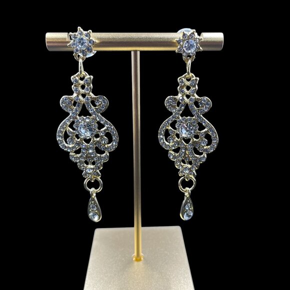 Gold Rhinestone Statement Necklace Earring Set Wedding Glam Elegant Jewelry - Picture 8 of 10